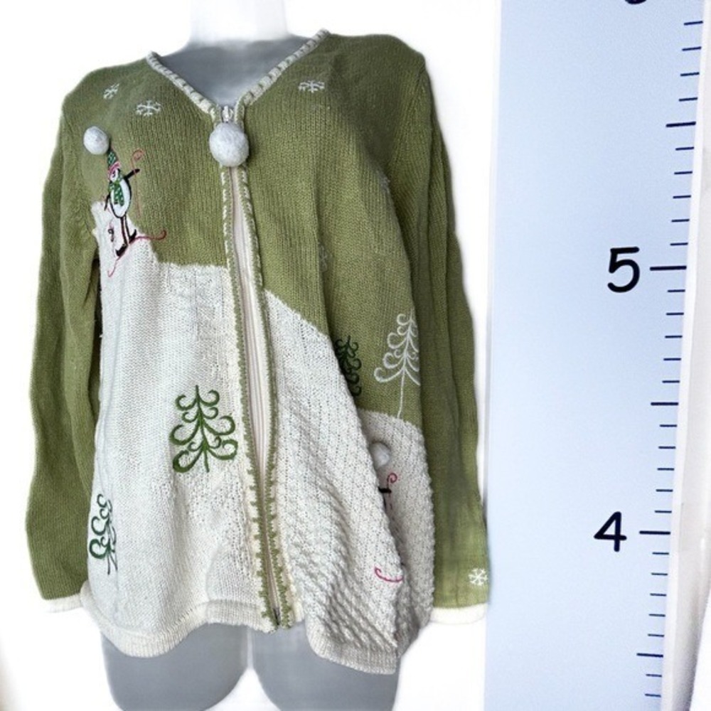 Christopher & Banks Green‎ White Snowmen Skiing Full Zip Christmas Sweater Large